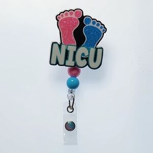 Badge Reel, NICU, glow-in-the-dark, pink/blue baby feet